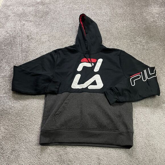 Fila Hoodie Pullover Sweatshirt Mens Medium Black Gray Graphic Fleece Casual - Picture 1 of 12